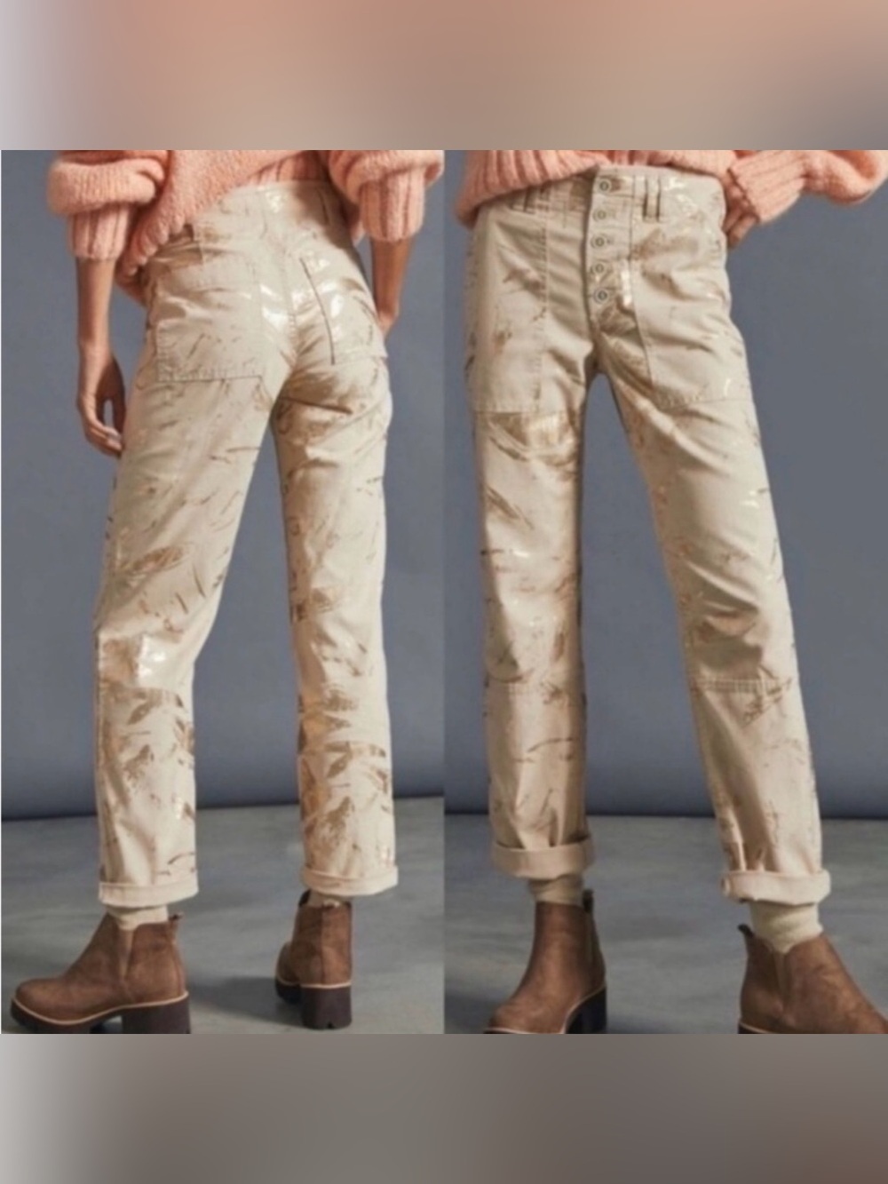 Anthropologie Beige Cargo Pants with Gold Foil Accents - Picture 4 of 10